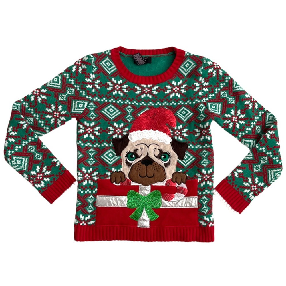 It's Our Time Girls Red/Green Sequin Dog Holiday Christmas Sweater Large (10-12)